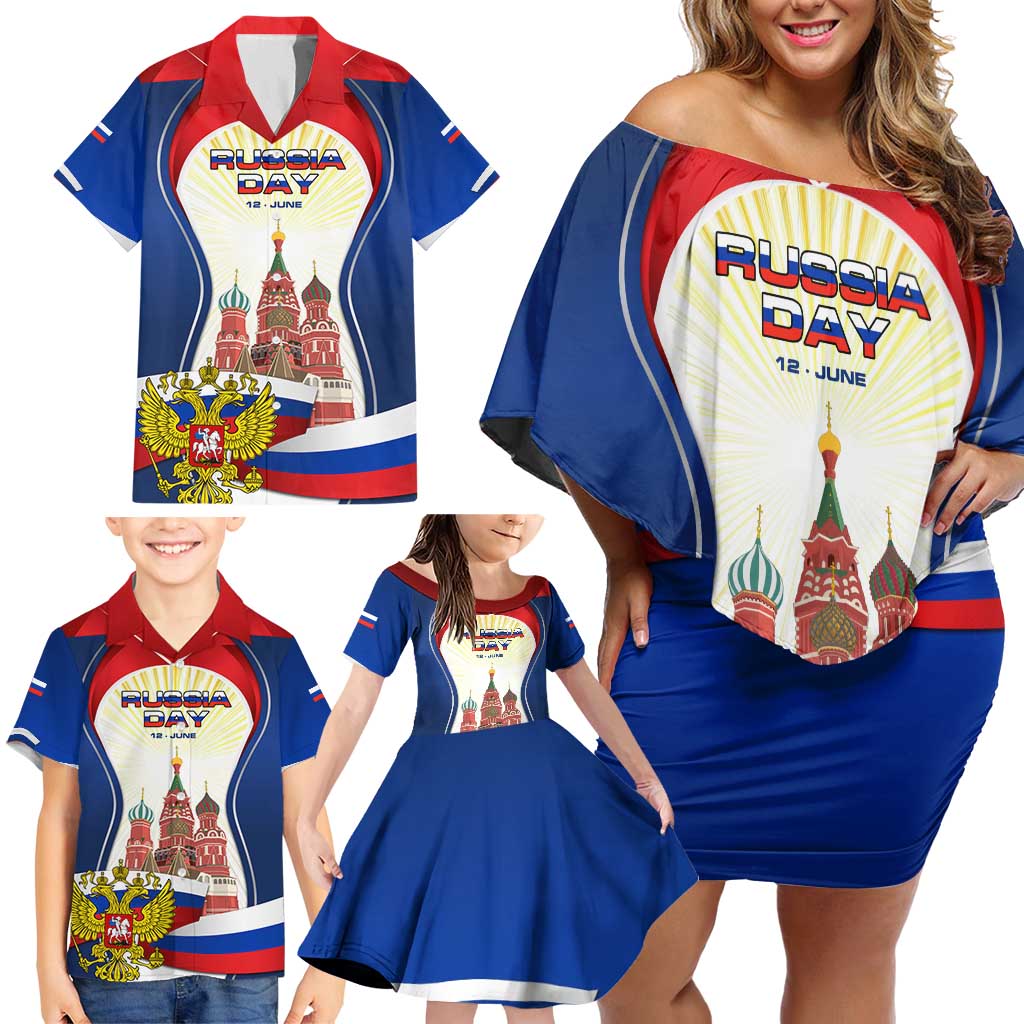 Russia Day Family Matching Off Shoulder Short Dress and Hawaiian Shirt with Kremlin Illustration, National Emblem, and Flag Stripes