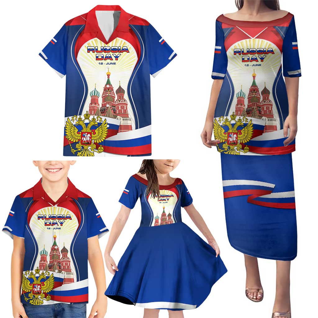 Russia Day Family Matching Puletasi and Hawaiian Shirt with Kremlin Illustration, National Emblem, and Flag Stripes