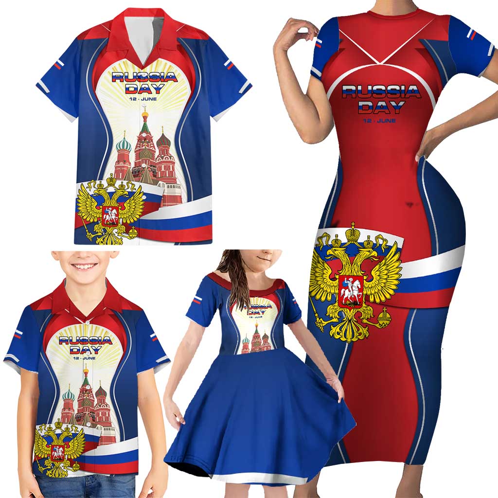 Russia Day Family Matching Short Sleeve Bodycon Dress and Hawaiian Shirt with Kremlin Illustration, National Emblem, and Flag Stripes