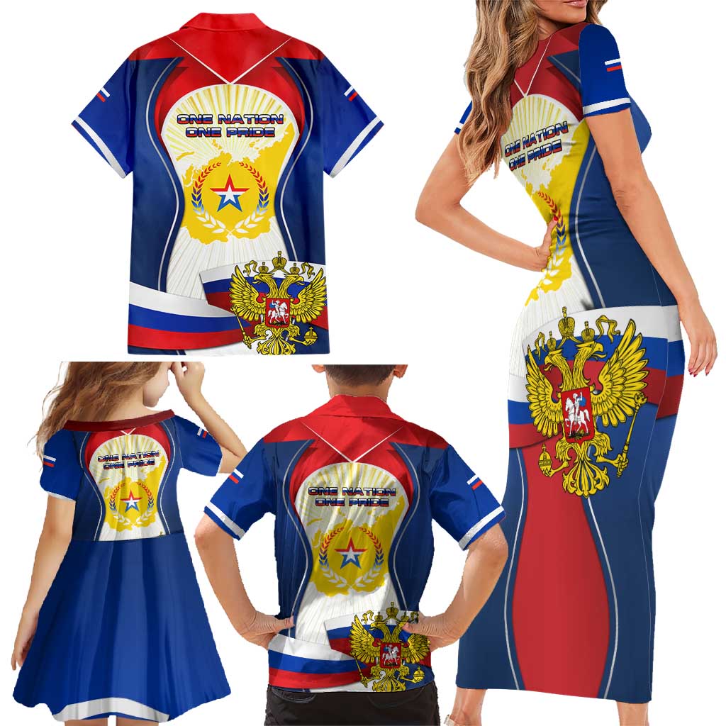 Russia Day Family Matching Short Sleeve Bodycon Dress and Hawaiian Shirt with Kremlin Illustration, National Emblem, and Flag Stripes