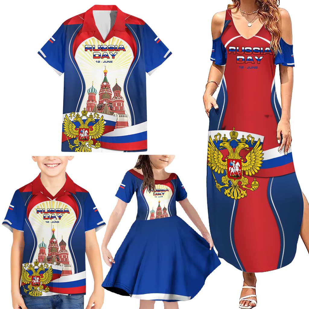 Russia Day Family Matching Summer Maxi Dress and Hawaiian Shirt with Kremlin Illustration, National Emblem, and Flag Stripes