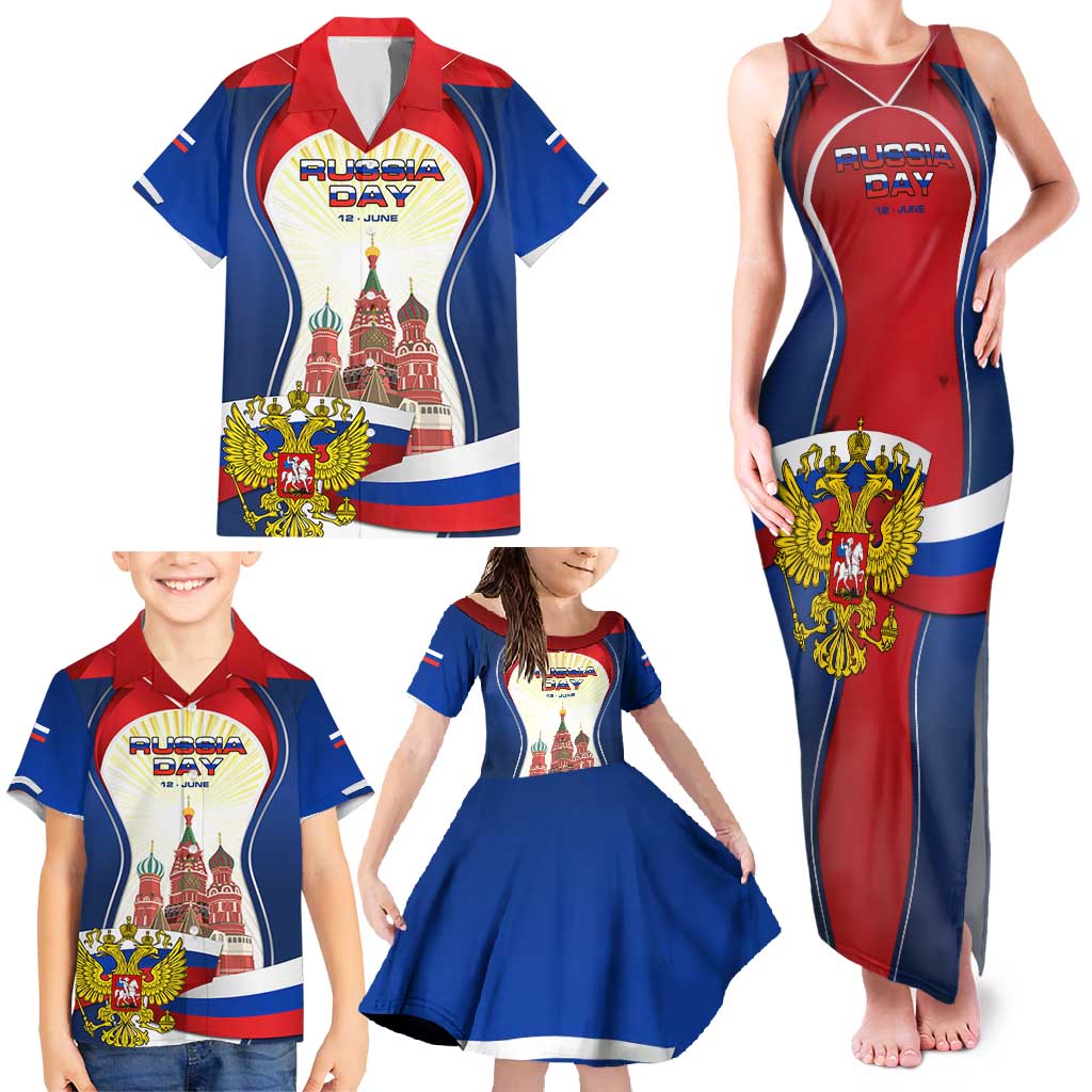 Russia Day Family Matching Tank Maxi Dress and Hawaiian Shirt with Kremlin Illustration, National Emblem, and Flag Stripes