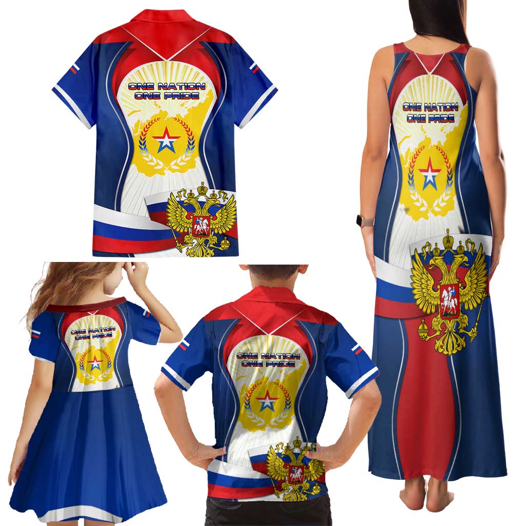 Russia Day Family Matching Tank Maxi Dress and Hawaiian Shirt with Kremlin Illustration, National Emblem, and Flag Stripes