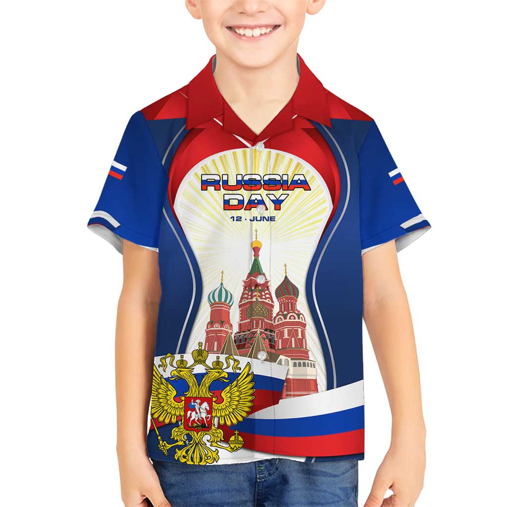 Russia Day Family Matching Tank Maxi Dress and Hawaiian Shirt with Kremlin Illustration, National Emblem, and Flag Stripes