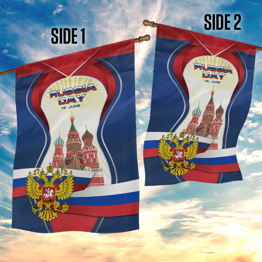 Russia Day Garden Flag with Kremlin Illustration, National Emblem, and Flag Stripes