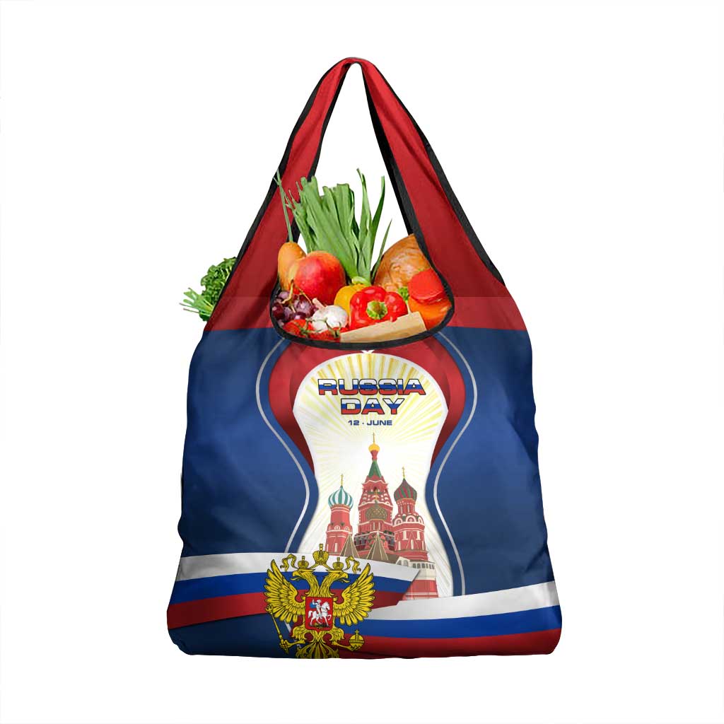 Russia Day Grocery Bag with Kremlin Illustration, National Emblem, and Flag Stripes