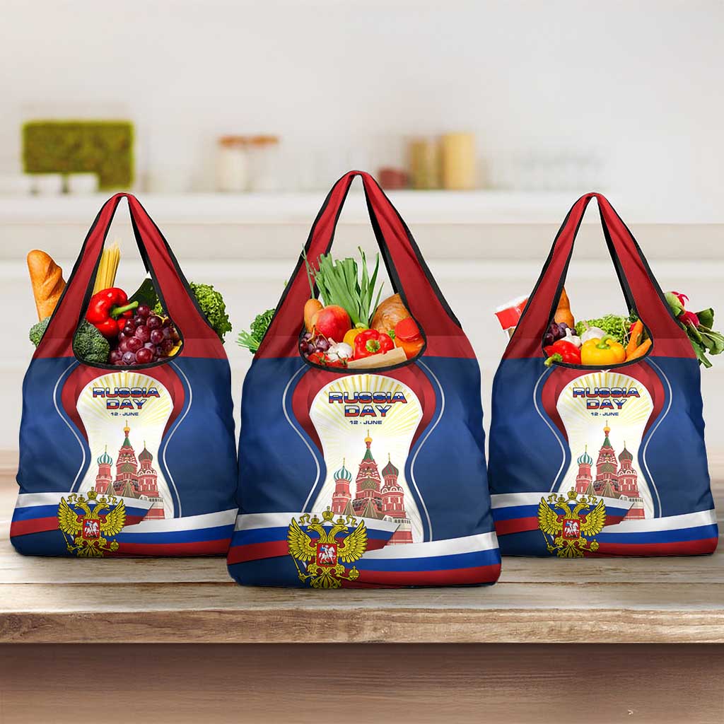 Russia Day Grocery Bag with Kremlin Illustration, National Emblem, and Flag Stripes