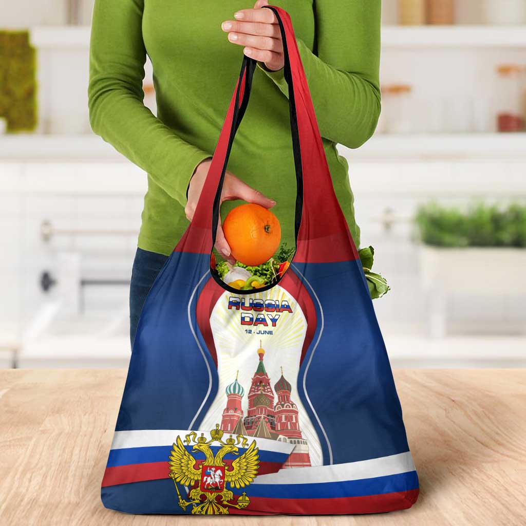 Russia Day Grocery Bag with Kremlin Illustration, National Emblem, and Flag Stripes