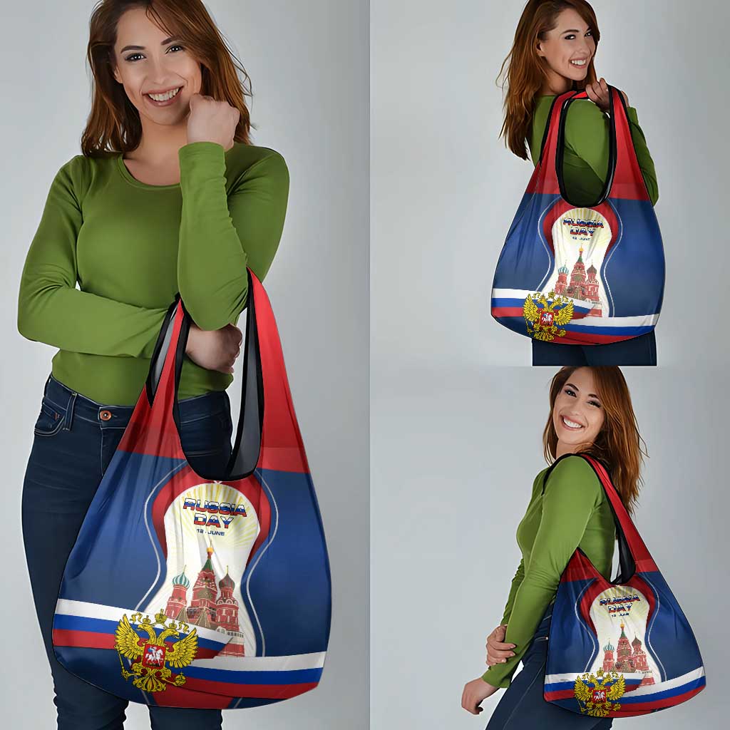 Russia Day Grocery Bag with Kremlin Illustration, National Emblem, and Flag Stripes