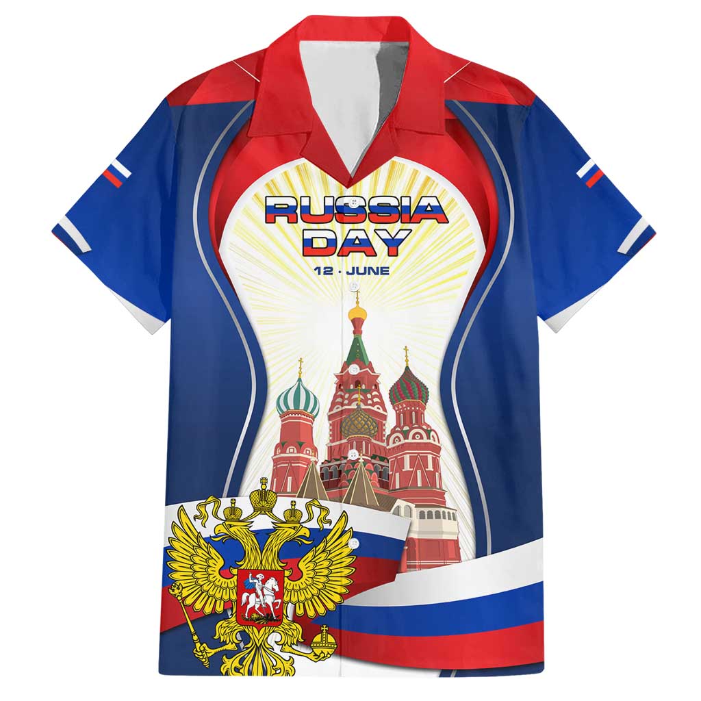 Russia Day Hawaiian Shirt with Kremlin Illustration, National Emblem, and Flag Stripes