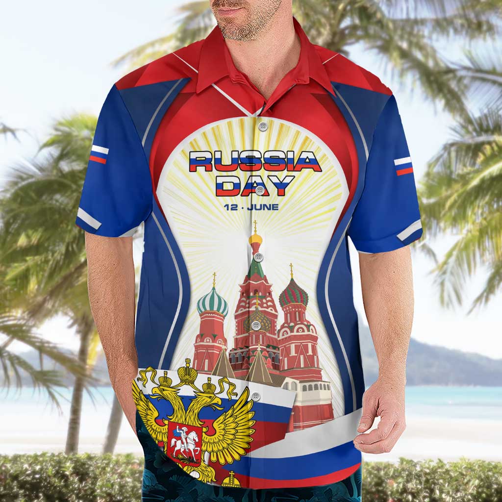 Russia Day Hawaiian Shirt with Kremlin Illustration, National Emblem, and Flag Stripes