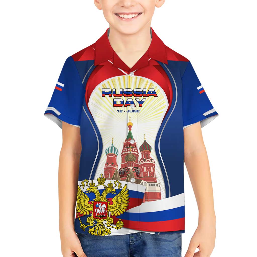 Russia Day Hawaiian Shirt with Kremlin Illustration, National Emblem, and Flag Stripes