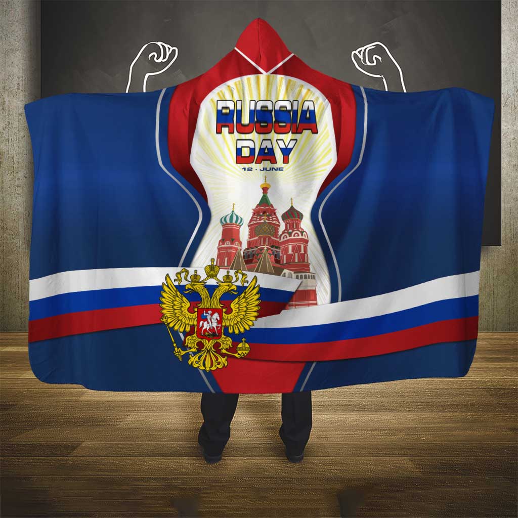 Russia Day Hooded Blanket with Kremlin Illustration, National Emblem, and Flag Stripes