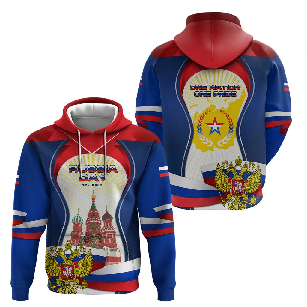 Russia Day Hoodie with Kremlin Illustration, National Emblem, and Flag Stripes