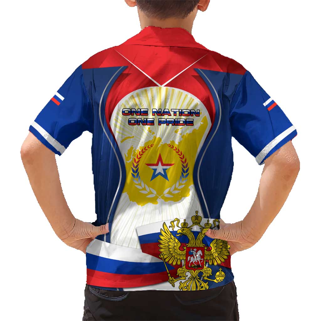 Russia Day Kid Hawaiian Shirt with Kremlin Illustration, National Emblem, and Flag Stripes