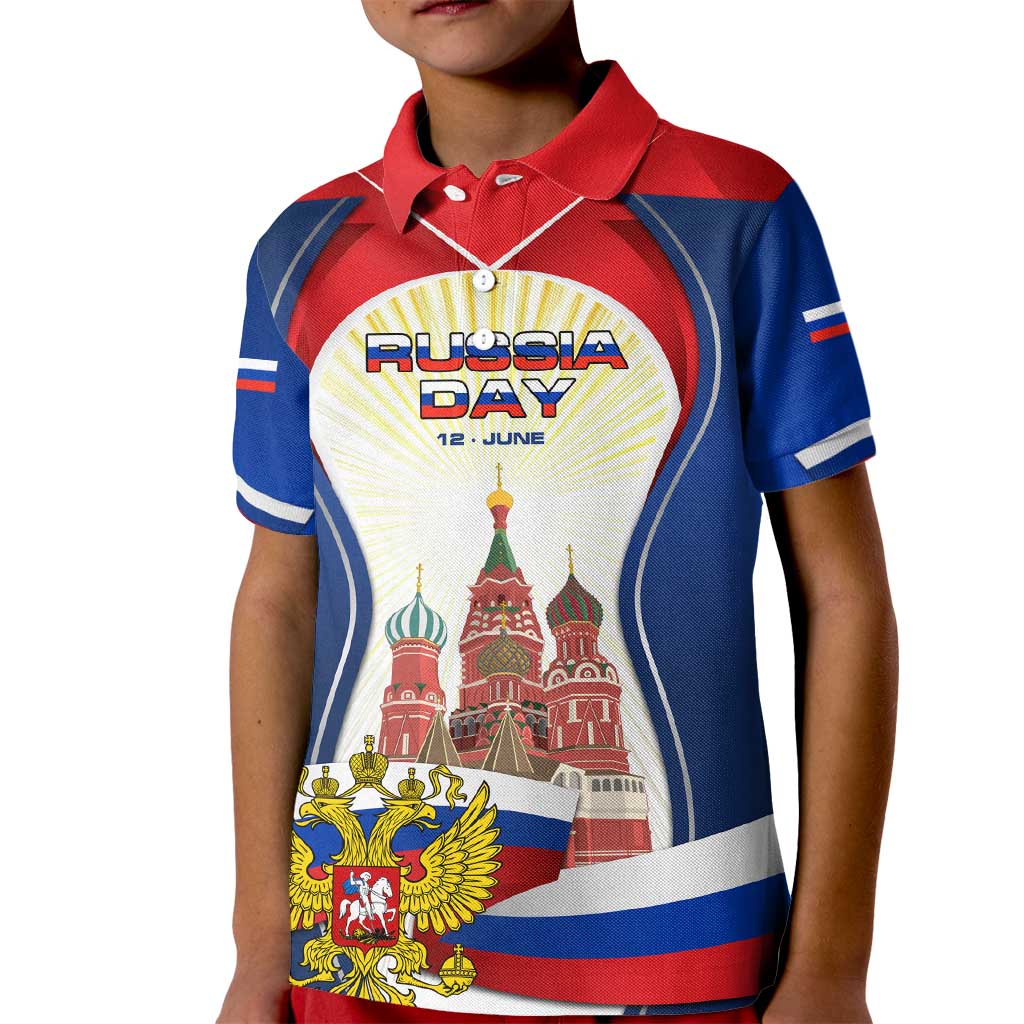 Russia Day Kid Polo Shirt with Kremlin Illustration, National Emblem, and Flag Stripes