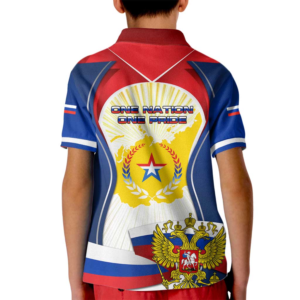 Russia Day Kid Polo Shirt with Kremlin Illustration, National Emblem, and Flag Stripes