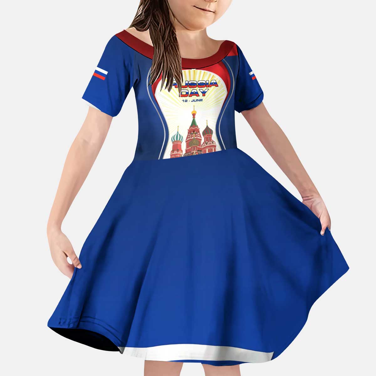 Russia Day Kid Short Sleeve Dress with Kremlin Illustration, National Emblem, and Flag Stripes
