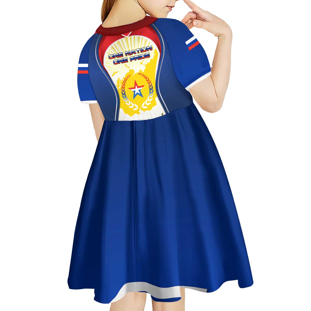 Russia Day Kid Short Sleeve Dress with Kremlin Illustration, National Emblem, and Flag Stripes