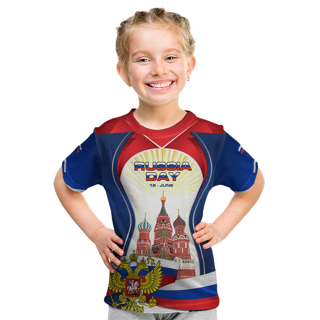 Russia Day Kid T Shirt with Kremlin Illustration, National Emblem, and Flag Stripes