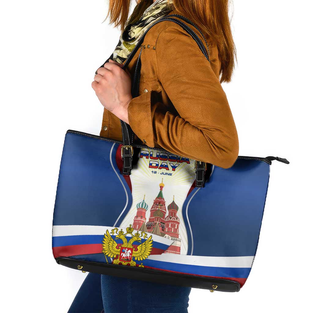 Russia Day Leather Tote Bag with Kremlin Illustration, National Emblem, and Flag Stripes