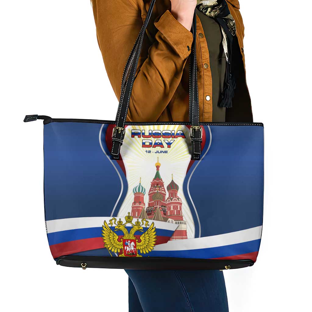 Russia Day Leather Tote Bag with Kremlin Illustration, National Emblem, and Flag Stripes