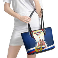 Russia Day Leather Tote Bag with Kremlin Illustration, National Emblem, and Flag Stripes