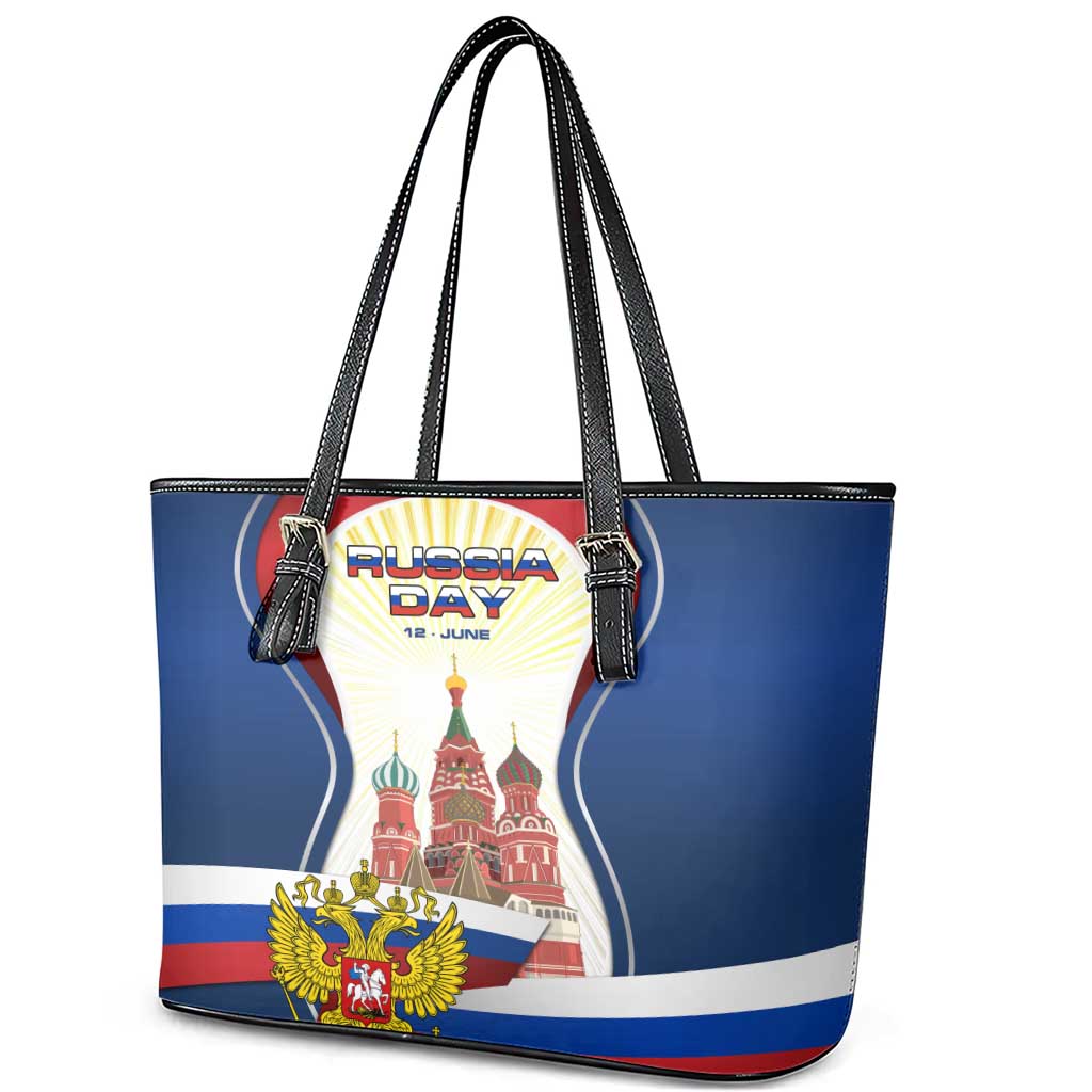 Russia Day Leather Tote Bag with Kremlin Illustration, National Emblem, and Flag Stripes