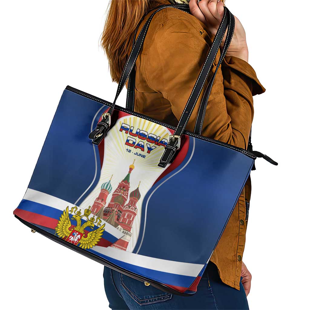 Russia Day Leather Tote Bag with Kremlin Illustration, National Emblem, and Flag Stripes