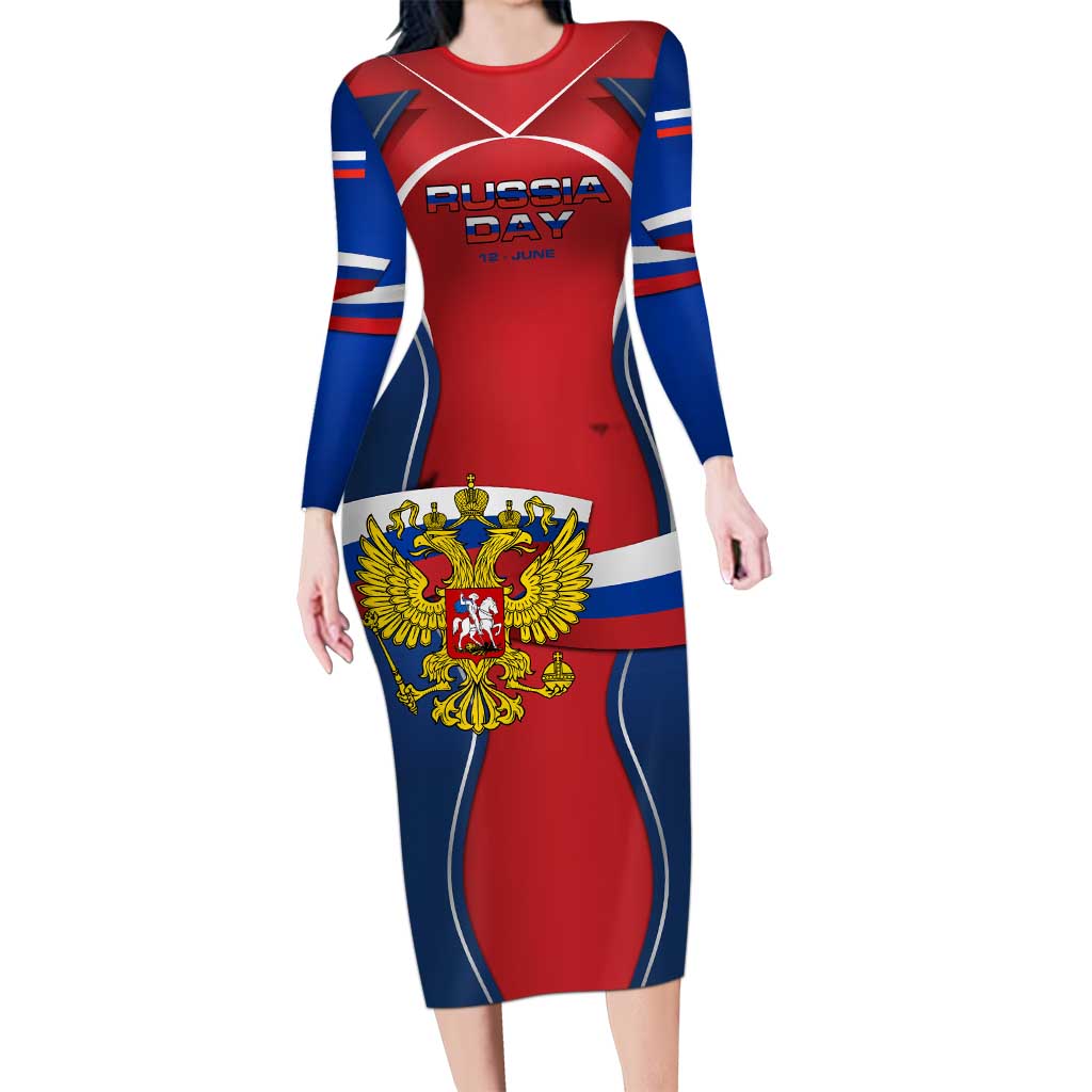 Russia Day Long Sleeve Bodycon Dress with Kremlin Illustration, National Emblem, and Flag Stripes