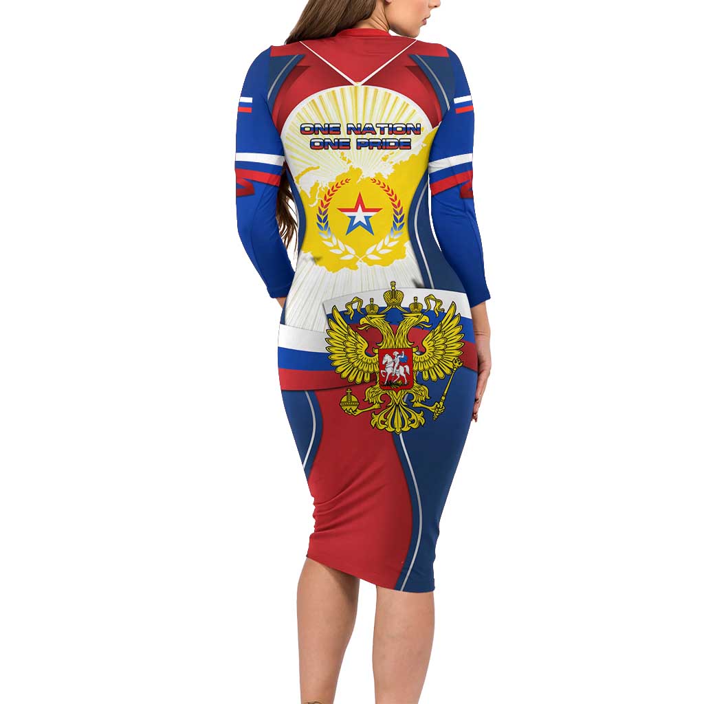 Russia Day Long Sleeve Bodycon Dress with Kremlin Illustration, National Emblem, and Flag Stripes
