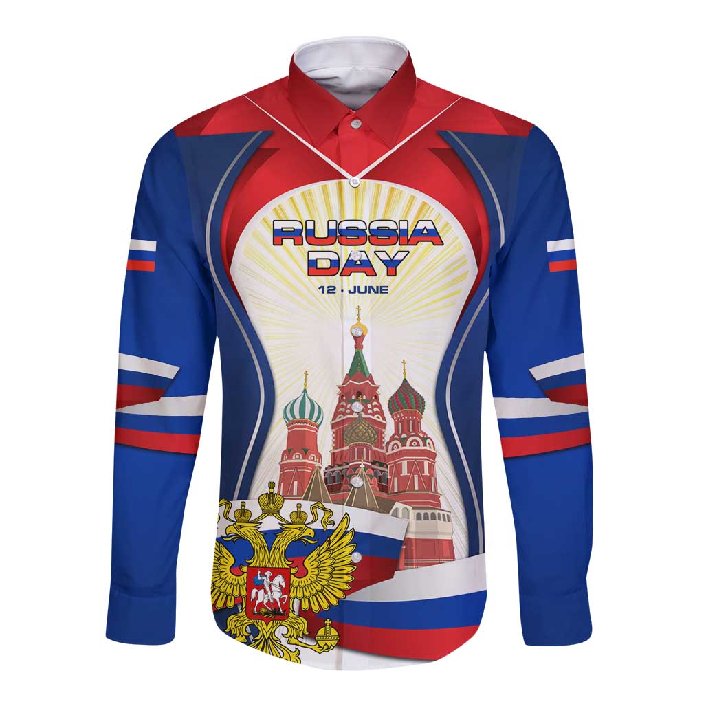 Russia Day Long Sleeve Button Shirt with Kremlin Illustration, National Emblem, and Flag Stripes