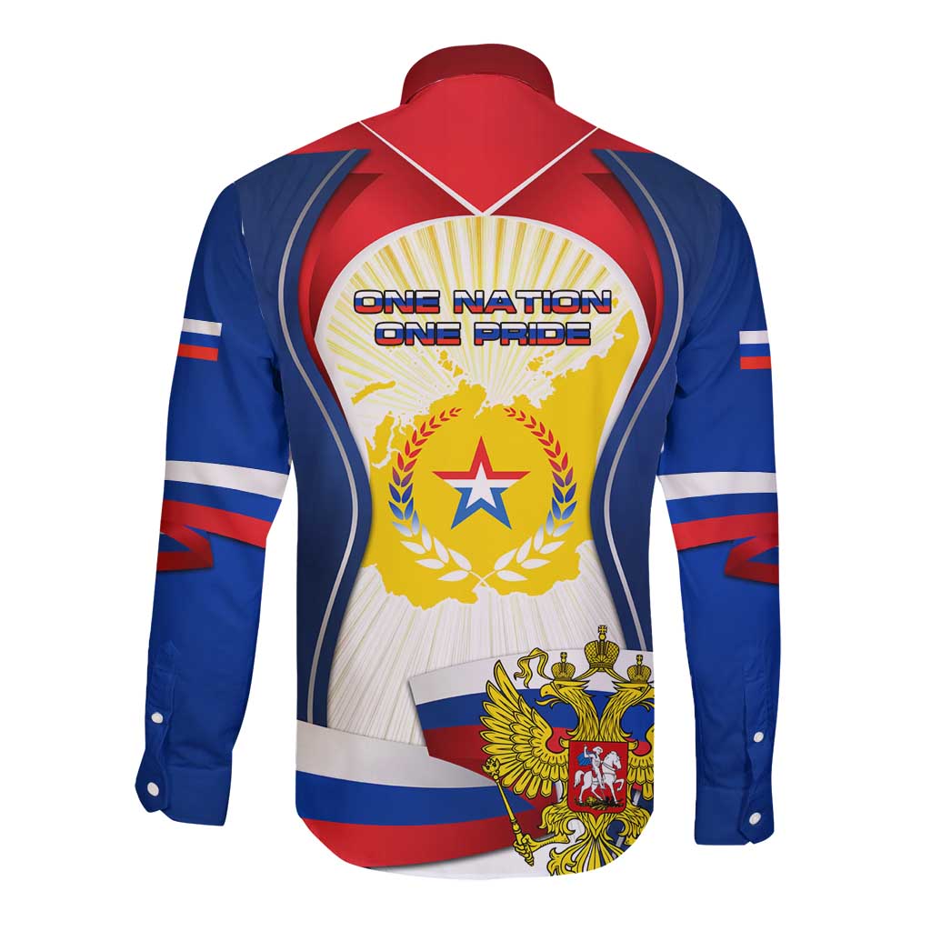Russia Day Long Sleeve Button Shirt with Kremlin Illustration, National Emblem, and Flag Stripes