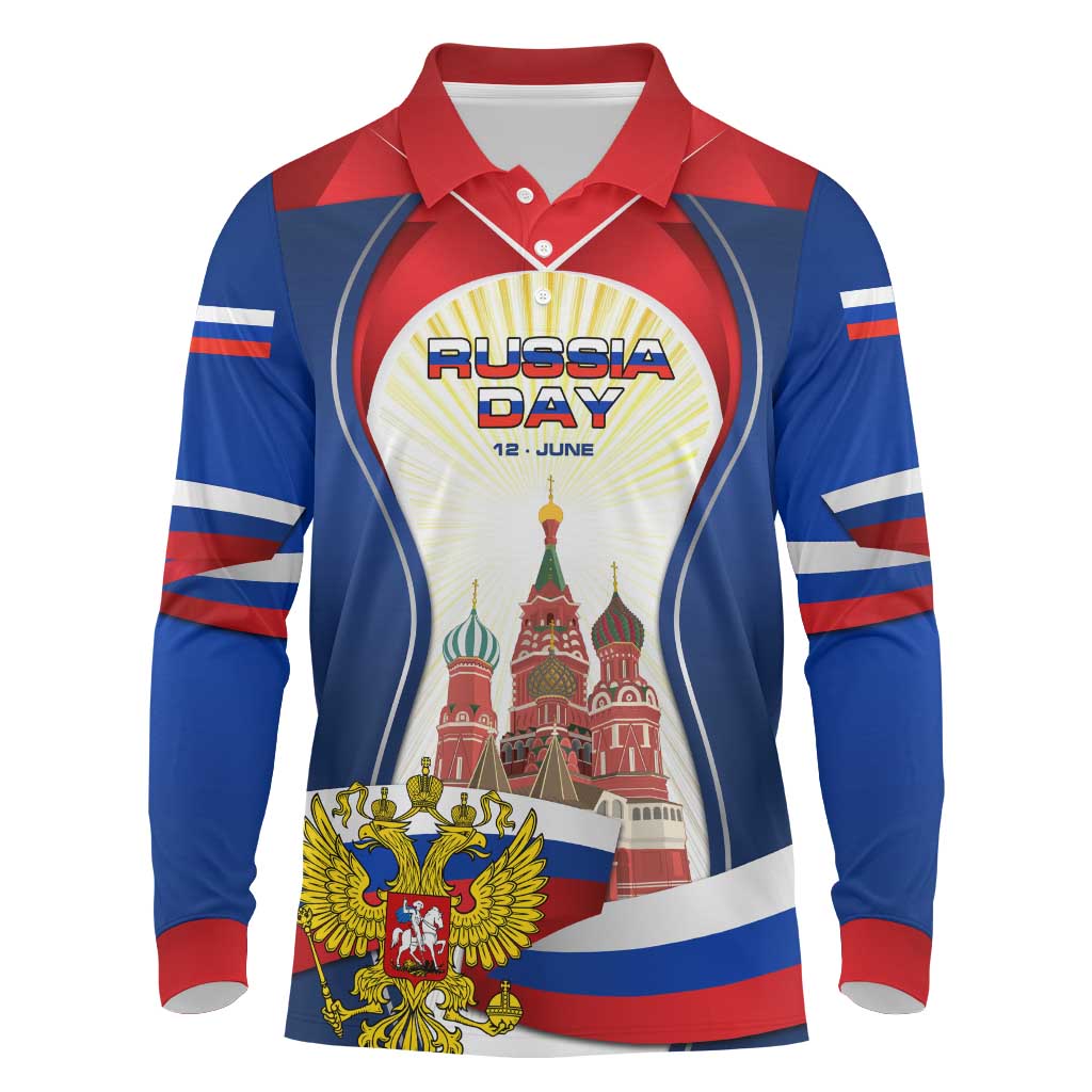 Russia Day Long Sleeve Polo Shirt with Kremlin Illustration, National Emblem, and Flag Stripes