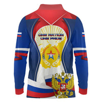 Russia Day Long Sleeve Polo Shirt with Kremlin Illustration, National Emblem, and Flag Stripes