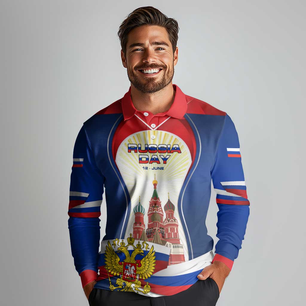 Russia Day Long Sleeve Polo Shirt with Kremlin Illustration, National Emblem, and Flag Stripes