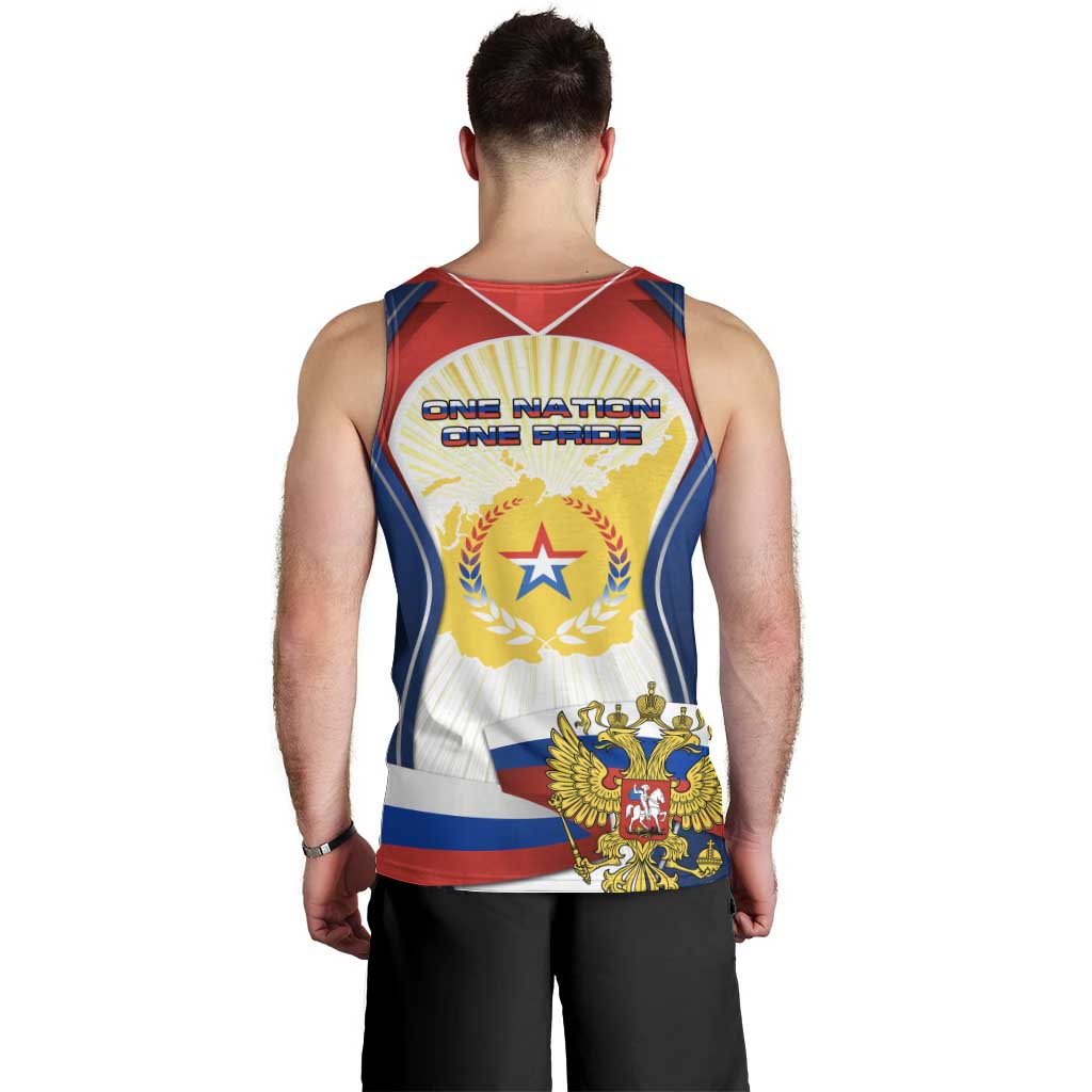 Russia Day Men Tank Top with Kremlin Illustration, National Emblem, and Flag Stripes