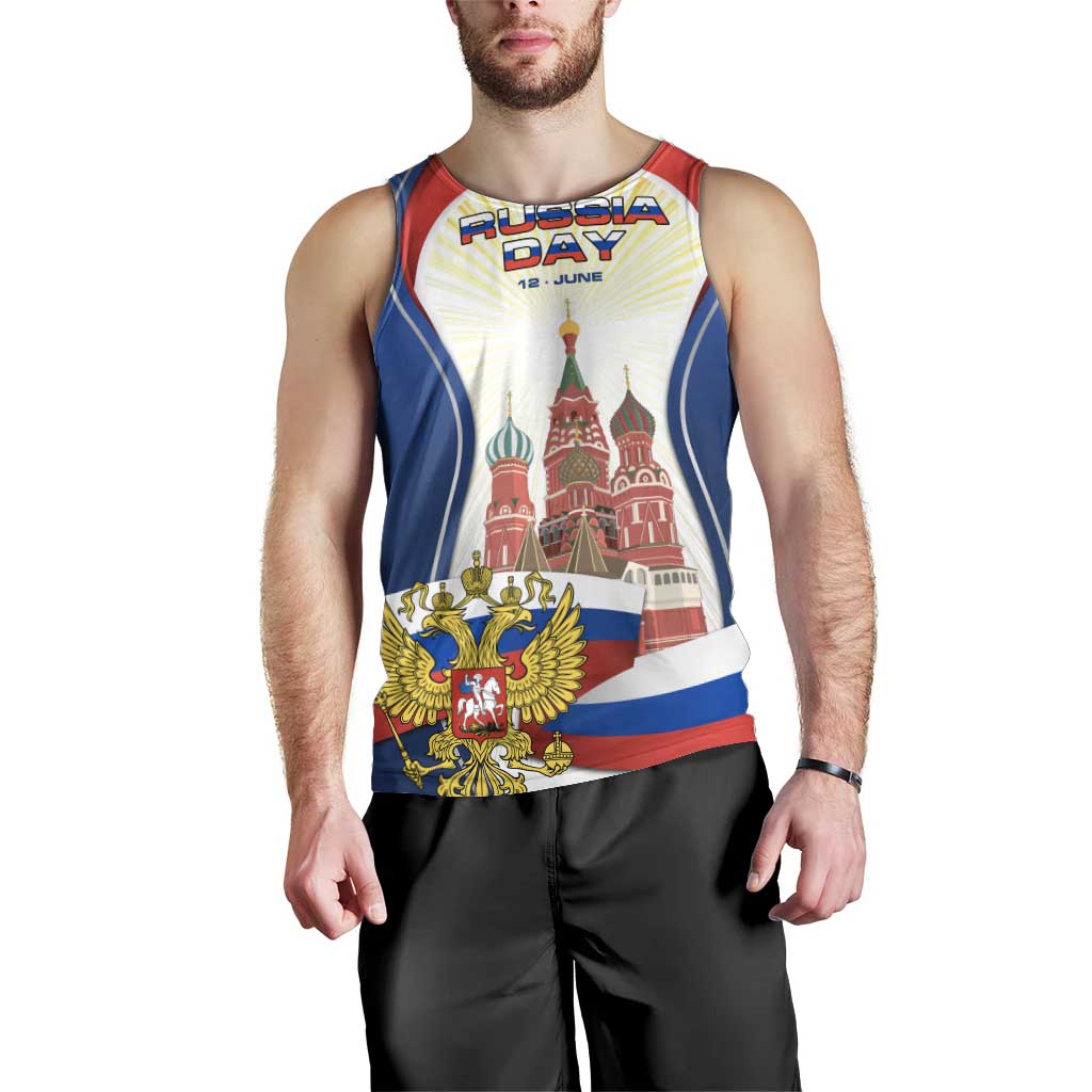 Russia Day Men Tank Top with Kremlin Illustration, National Emblem, and Flag Stripes