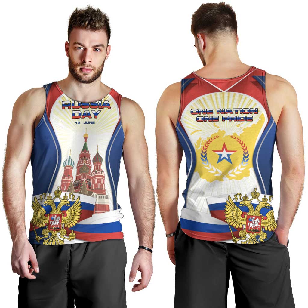 Russia Day Men Tank Top with Kremlin Illustration, National Emblem, and Flag Stripes