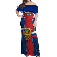 Russia Day Off Shoulder Maxi Dress with Kremlin Illustration, National Emblem, and Flag Stripes