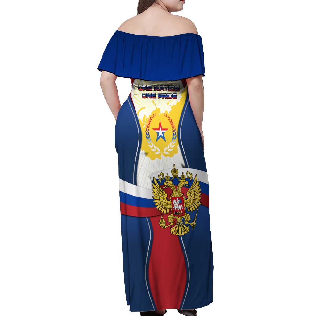 Russia Day Off Shoulder Maxi Dress with Kremlin Illustration, National Emblem, and Flag Stripes