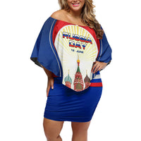Russia Day Off Shoulder Short Dress with Kremlin Illustration, National Emblem, and Flag Stripes