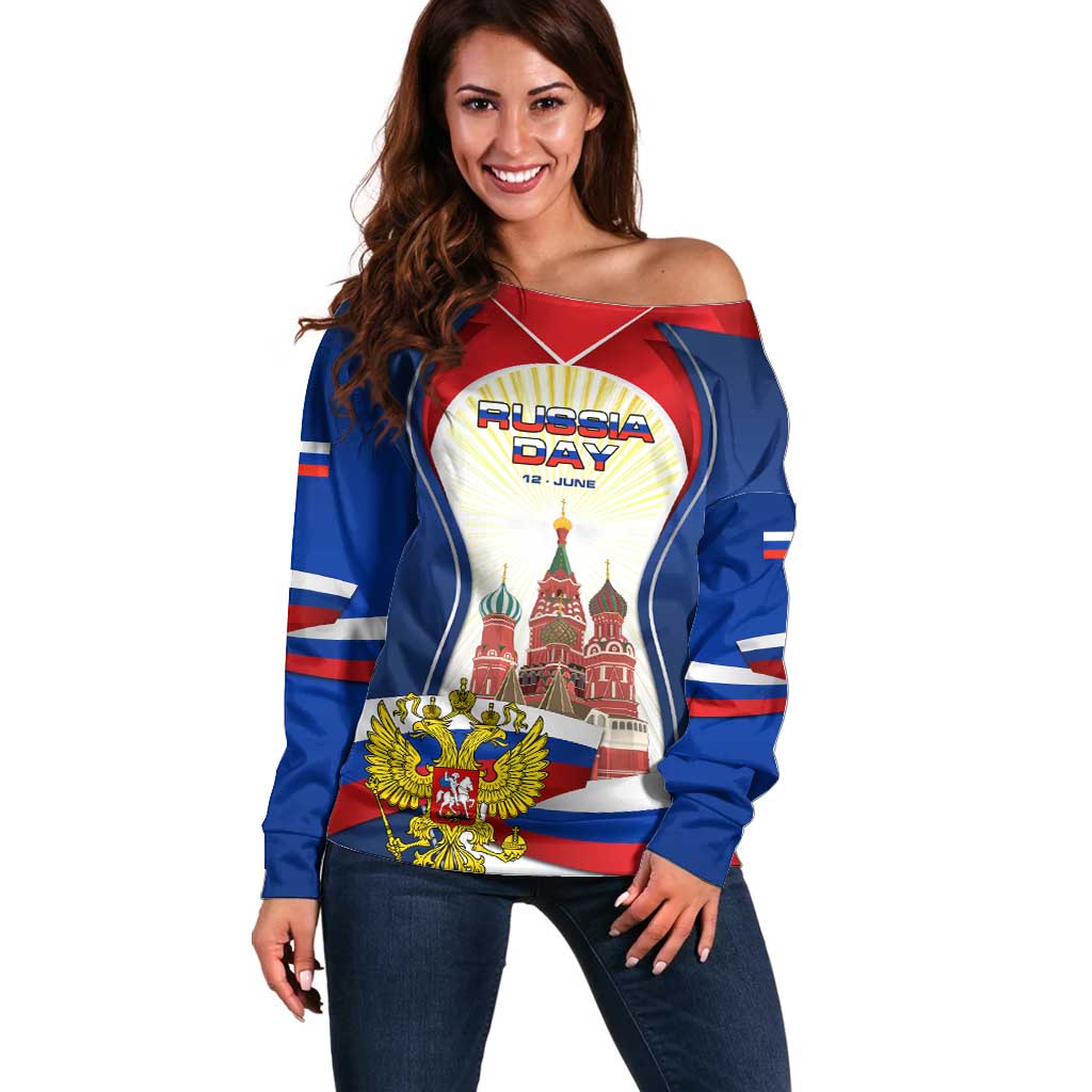 Russia Day Off Shoulder Sweater with Kremlin Illustration, National Emblem, and Flag Stripes