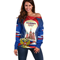 Russia Day Off Shoulder Sweater with Kremlin Illustration, National Emblem, and Flag Stripes