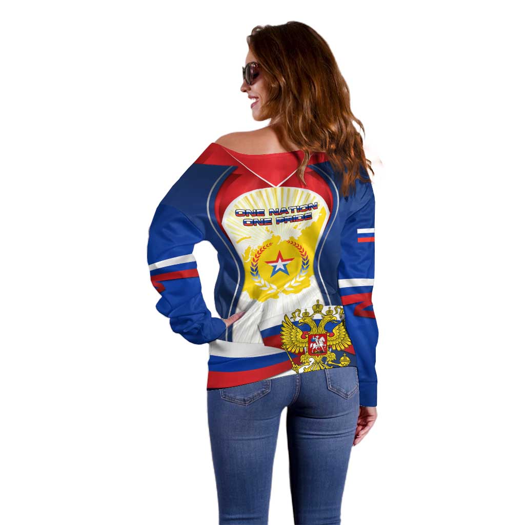 Russia Day Off Shoulder Sweater with Kremlin Illustration, National Emblem, and Flag Stripes