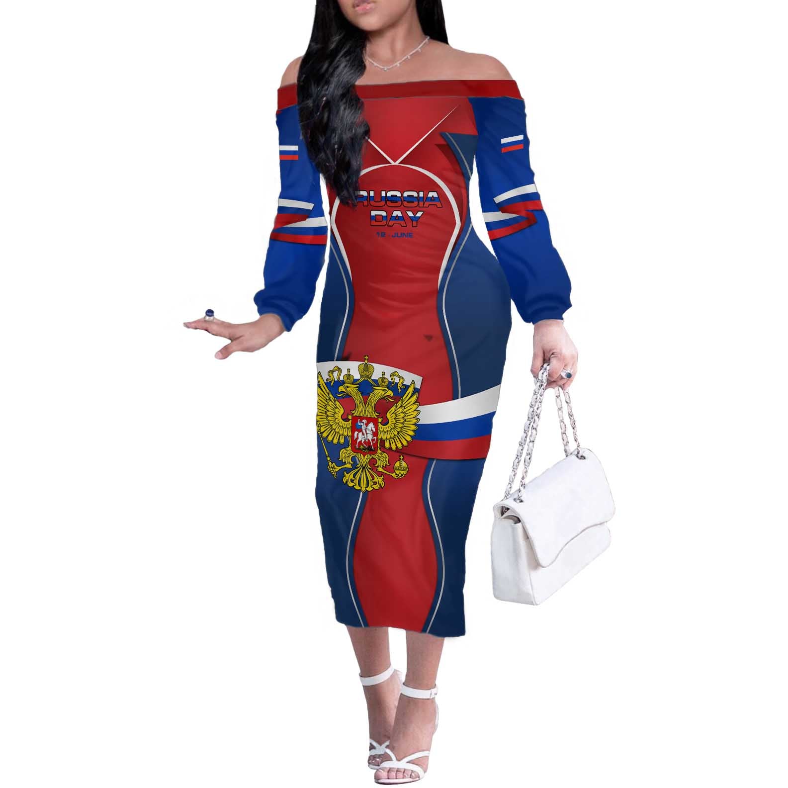 Russia Day Off The Shoulder Long Sleeve Dress with Kremlin Illustration, National Emblem, and Flag Stripes