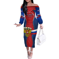 Russia Day Off The Shoulder Long Sleeve Dress with Kremlin Illustration, National Emblem, and Flag Stripes