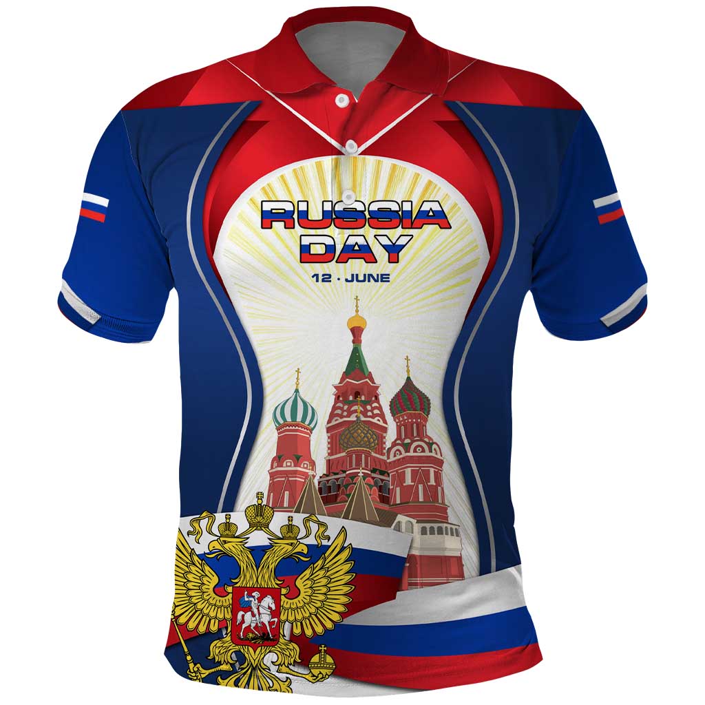 Russia Day Polo Shirt with Kremlin Illustration, National Emblem, and Flag Stripes