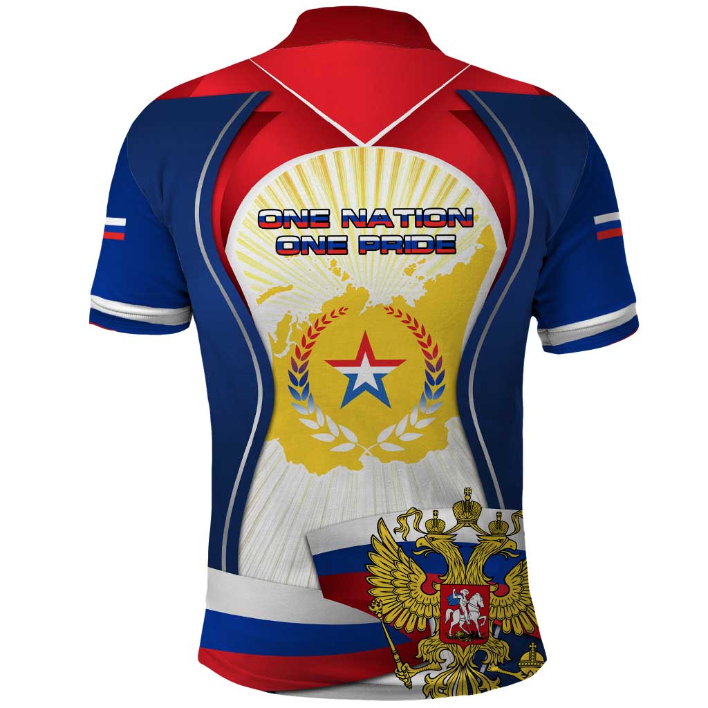 Russia Day Polo Shirt with Kremlin Illustration, National Emblem, and Flag Stripes