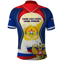 Russia Day Polo Shirt with Kremlin Illustration, National Emblem, and Flag Stripes